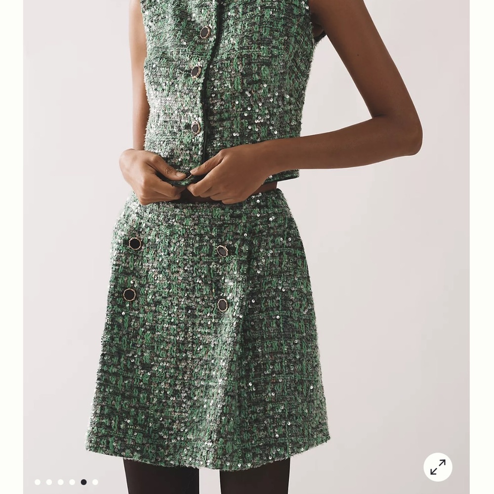 NWT Anthropologie Green Sequined Tweed Mini Skirt
